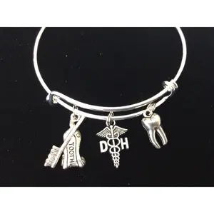 Dental Hygienist DH 3D Silver Tooth Toothpaste and Toothbrush Charms on Expandable Adjustable Wire Bangle Bracelet Gift for Dentist or Dental Hygienist