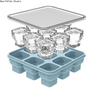 Foldable Silicone Ice Cube Tray with Lid, Trending Easy Release Food Grade Ice Maker Mold, Stackable Home Freezer Tray for Ice Cubes Ice Spheres, Kitchen Drinks Party Cocktail Accessories