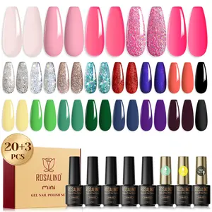 ROSALIND Mini 23Pcs Gel Nail Polish Set Glitter Pink Gel polish with Base Coat No-wipe Glossy Matte Top Coat Gel Varnishes Need UV/Led to Dry Manicure Salon Set Easily Diy at Home