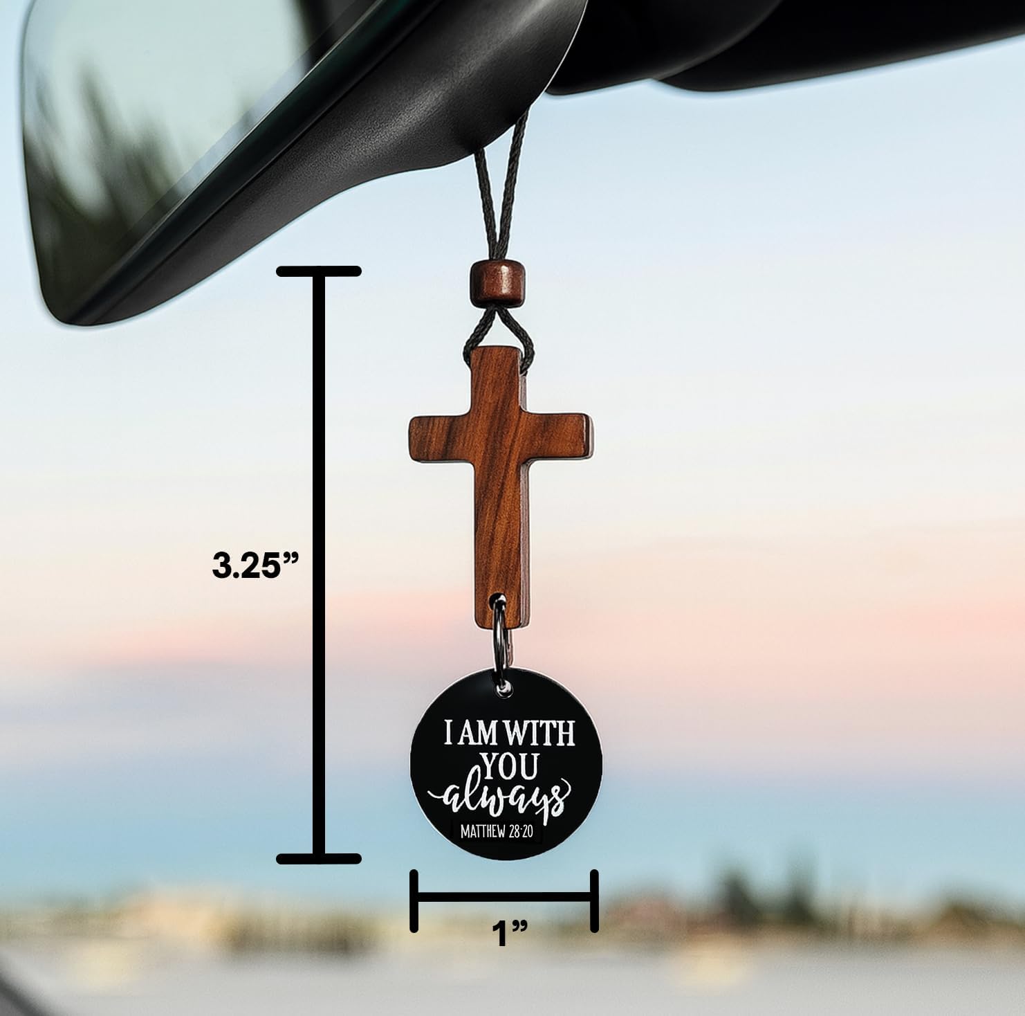 Daily Bible Verse Rearview Mirror Cross Ornament – Daily Scripture Car Charm Hanging Cross for Car with “I Am with You Always” Medallion (Black)