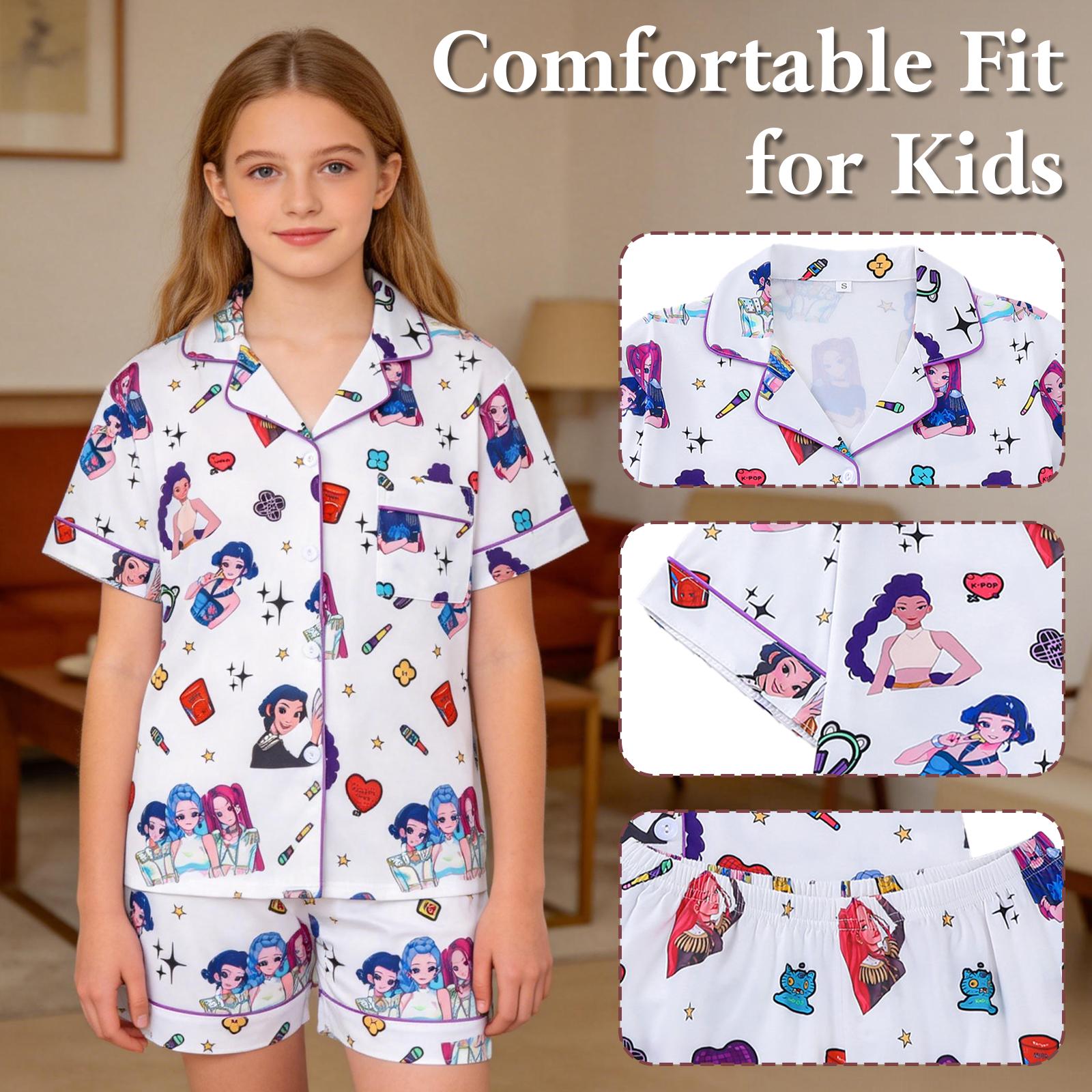KPop Demon Hunters Inspired Girls Short Sleeve Pajama Set, Cute K-pop Anime Summer PJs for Kids, Soft Breathable Sleepwear Nightwear Outfit