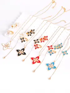 Women's Enamel Copper Jewelry Set, 18k Gold-Plated Zircon Leaf Necklace Earrings Bracelet Ring, High-Quality Glittering Oil-Dripping Design