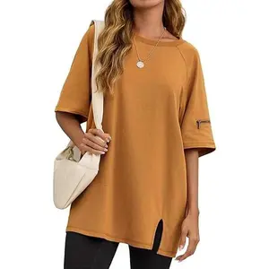 Tankaneo Women's Oversized Workout T-Shirt Split Hem Raglan Short Sleeve Tunic Summer Casual Loose Fit Tee Shirt Crewneck Womenswear