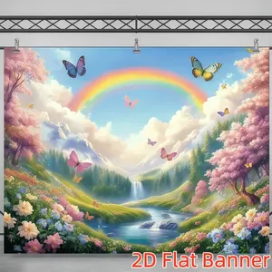1PC,2D Flat Customize Backdrop Dreamy Rainbow Butterfly Nature Scenery Decorative Backdrop, Festival Party Birthday Wedding Photography Decoration Background, Cherry Blossom Waterfall Stream Flower Sea F