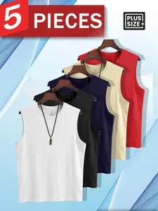 5pcs Men's Plain Sleeveless Tank Top, Casual Loose Fit Crew Neck Vest, Plus Size Basic Tops for Summer Beach, Lounge and Street Style