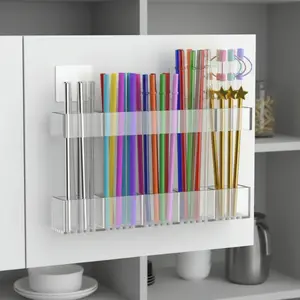 9.5 inch Large Acrylic Straw Organizer for Cabinet Doors is a reusable stick on storage holder with strong adhesive a space saving kitchen accessory for countertops and cupboards Clear