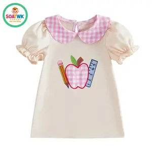 Little Girls Back to School Dress Summer Short Sleeve Plaid Doll Collar Apple Ruler Embroidered Dress