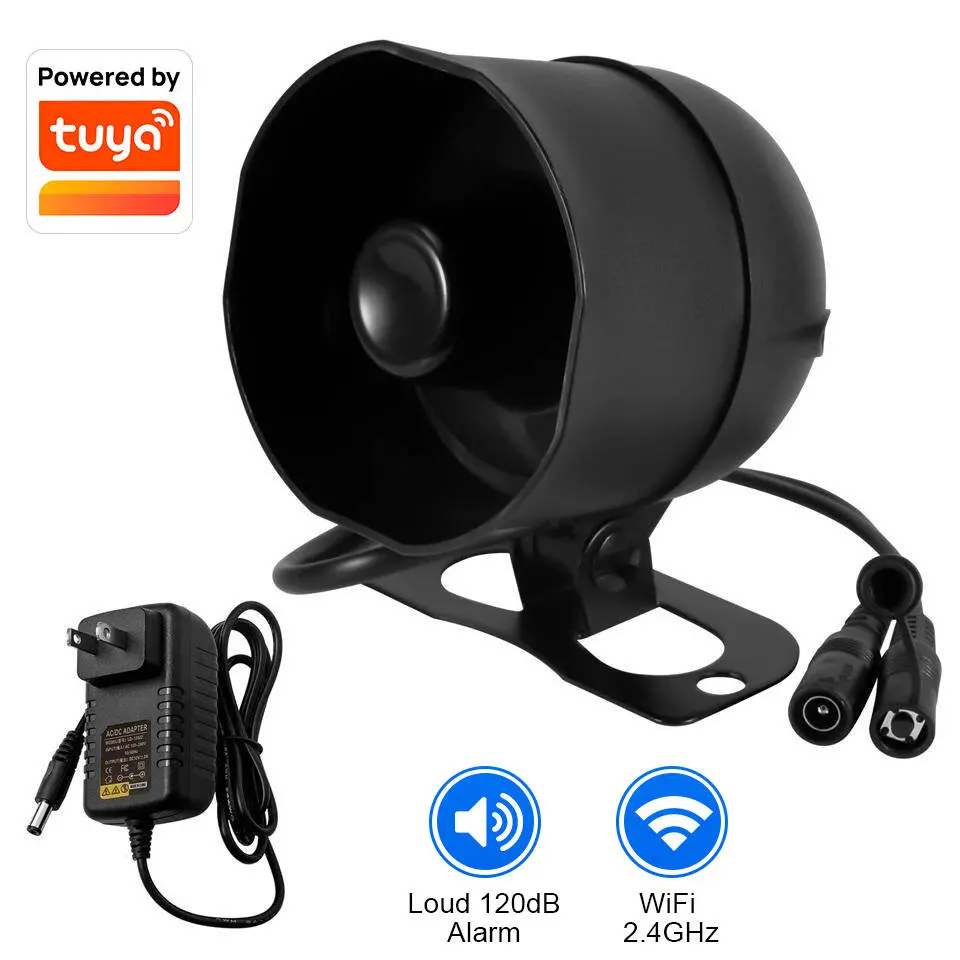 Fuers Wireless WiFi Siren Alarm Speaker - 120dB Loud Alarm Siren with Wireless Setup, Support with Tuya Smart Life App Control, 1-Year Durability for Home Farm Warehouse Security System & Emergency Alert Use