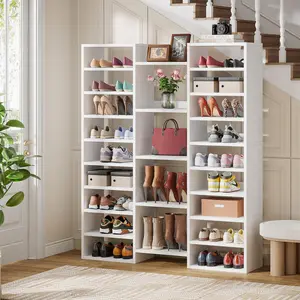 TRIBEWOOD 14-Tier Wooden Shoe Rack, Freestanding Tall White Shoe Shelf, Entryway Shoe Organizer with 22 Open Cubbies, 46 Pairs Wide Shoe Storage Cabinet for Entryway Living Room