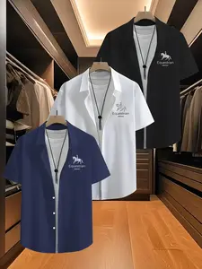 3 Piece Men's Short Sleeve Shirts, Summer Business Casual Solid Color, Asymmetrical Design, Loose-Fitting, Plain Surface, Random Print