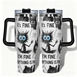 1pc Stainless Steel Water Bottle Vacuum Insulated Cup Funny Cats Its Fine Im Fine Everything Is Fine Pattern Designs, Leakproof Large Capacity (40oz/30oz/22oz/20oz/14oz), Needed for Gym, Hiking, Travel Ideal Birthday Chr