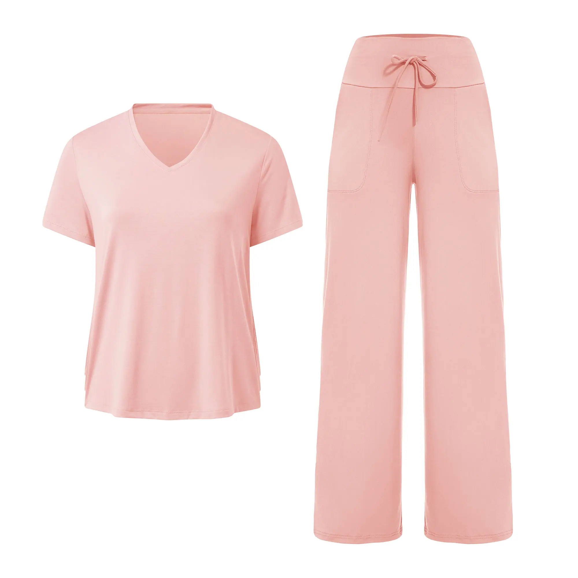 SHOWITTY Soft Women's Lounge Set, V-Neck Short Sleeve Top & Wide Leg Pants with Pockets, Casual Travel & Fall Loungewear