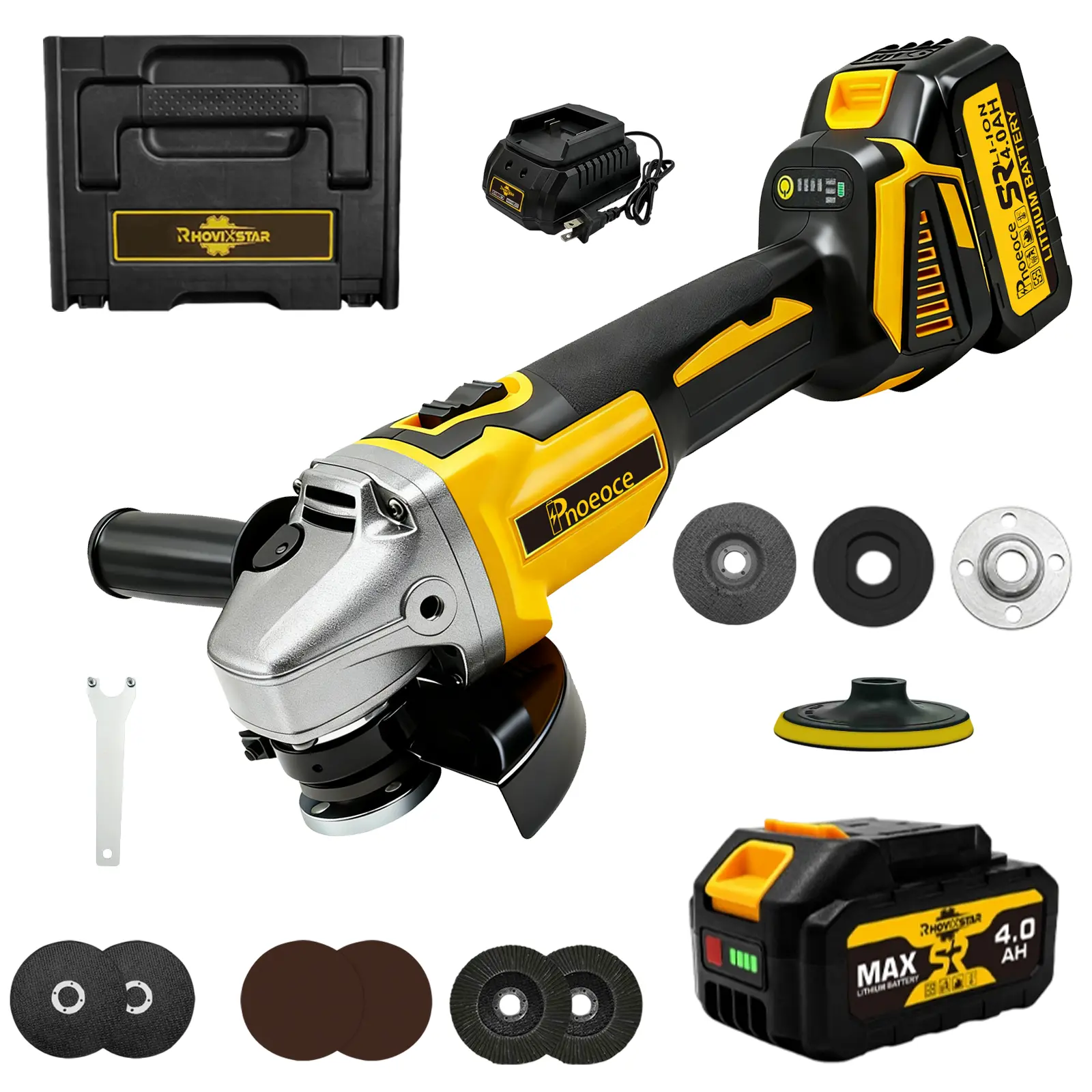 Pnoeoce 20V Cordless Angle Grinder Kit with 2x 4.0Ah Li-ion Batteries, 100mm Brushless Electric Grinder with Charger, Cutting & Grinding Wheels, Wrench & Storage Case for Metal Cutting, Sanding & Polishing