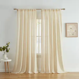 HLC.ME Linda Faux Linen Textured Semi Sheer Privacy Sun Light Filtering Window Rod Pocket Thick Curtains Panels, Set of 2 - Beige, 54 W x 96 L