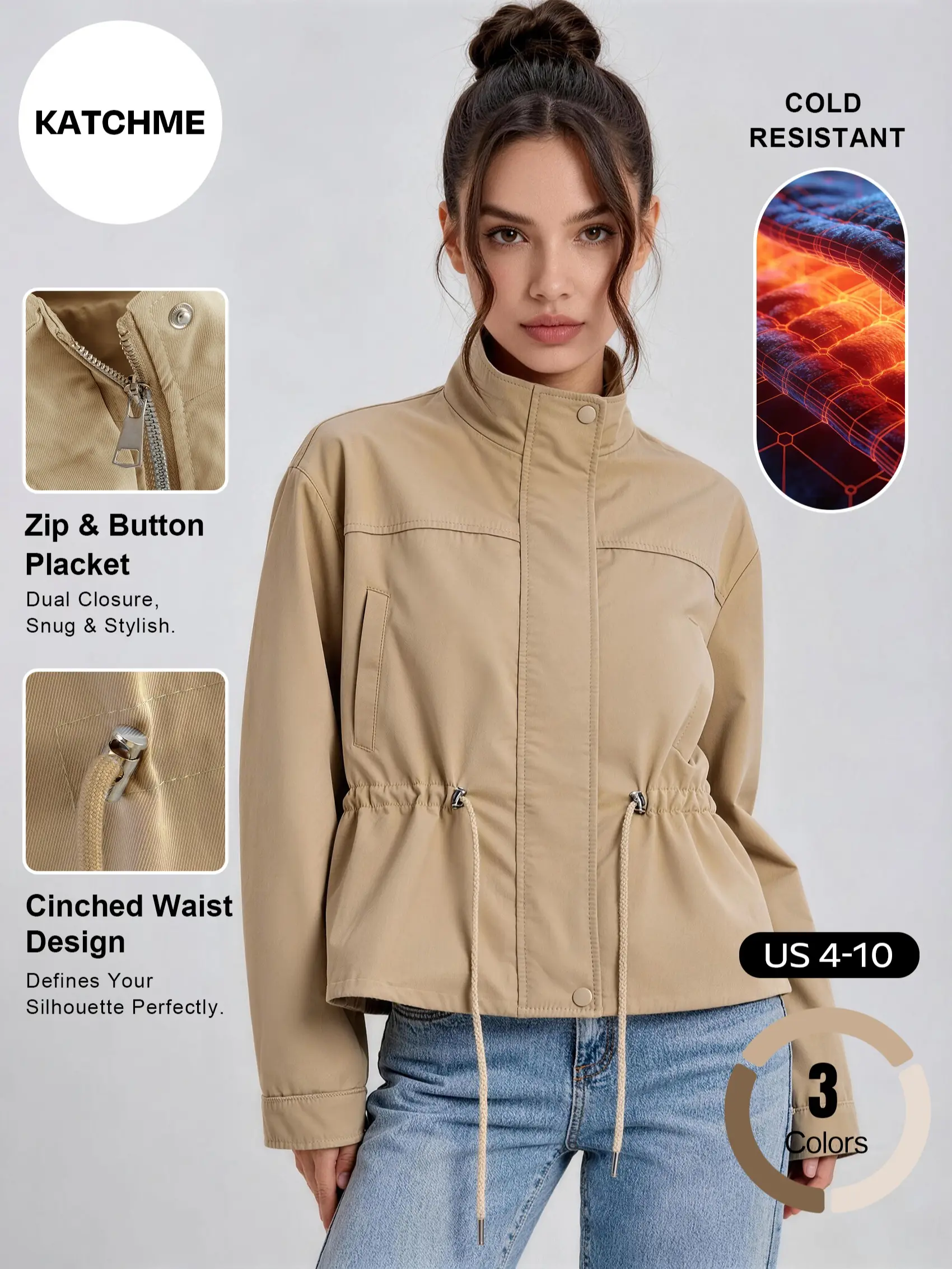 Katch Me Chic Women's Elegant Stand Collar Cinched Waist Lightweight Trench Coat, Solid Color Wrinkle-Resistant Long Sleeve Bomber Jacket, Classic Zipper & Button Windproof Outerwear #TikTokMadeMeBuyIt #ComfyOutfit #BomberJacket #Windbreaker