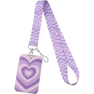 Purple ID Badge Holder Lanyard for Keys Cute Key Keychain Lanyard for ID Badges for Women Teachers Girls Aesthetic Preppy School Lanyard ID Holder(Love Heart)