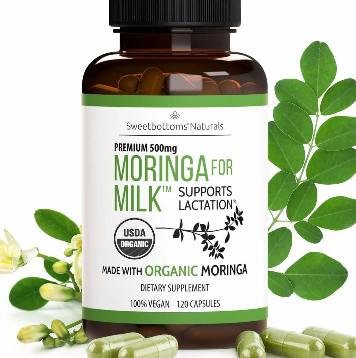 Lactation Supplement - Organic Moringa Capsules for Breastfeeding Support to Increase Breastmilk Supply (120 ct) Pure Malunggay Leaf Powder for Milk Production Booster & Postnatal Vitamins A E K 500mg