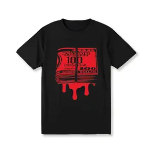 Men'S 100% Cotton Graphic T-Shirt - Bold Dollar Bill & Blood Design, Black With Red Print, Casual Fit, Short Sleeve, Round Neck, Machine Washable, Adult Clothing |   Bold Graphic Tee | Men Tee
