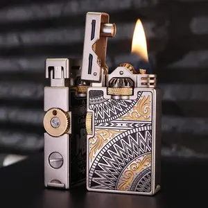 Vintage Lighter, Hand Engraved Gear Lgnition Soft Lighter for Men Dad Husband Collect (Fuel Not Included) (Silver)