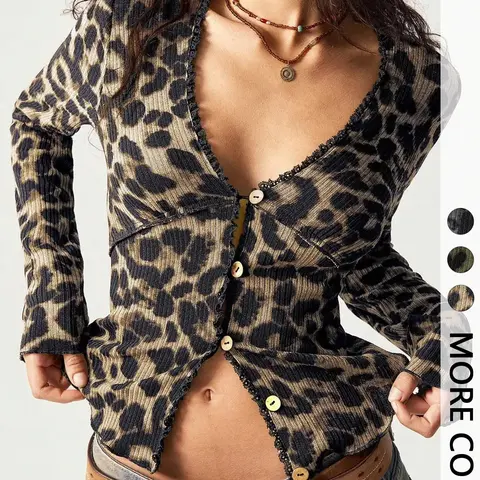 Women's Leopard Print Long Sleeve Knit T-Shirt, Knitwear, Knit Fabric Top, Slim-Fit Casual Top for Fall Season, Stylish Fashionable Women's Clothing