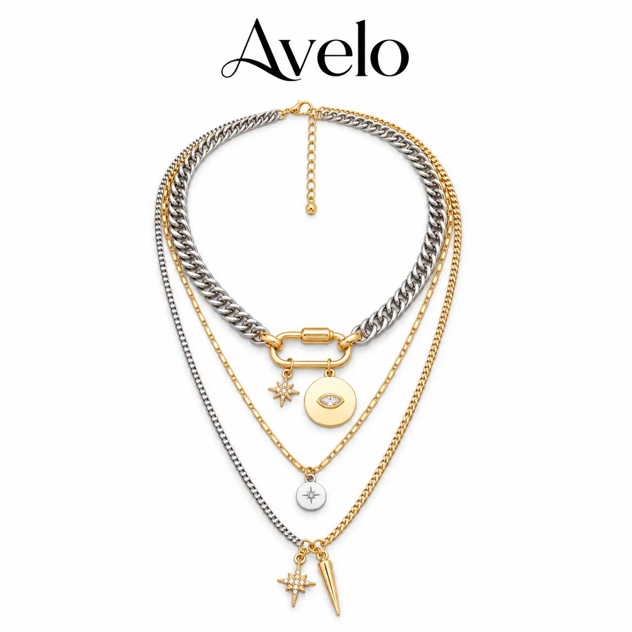 Alloy 3-Layer Mixed Metal Layered Necklace - Men's & Women's Chunky Cuban Chain with Eye Medallion, Star Spike Charms, Gold-Silver Daily Wear Long Statement Costume Jewelry