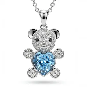 GONA Blue Crystal Love Heart Pendant Necklace for Her with Extension Chain- Adjustable Wear - Dainty Sparkly Bear Charm Necklace For Women Girls, Sweet Love Jewelry Gift For Birthday