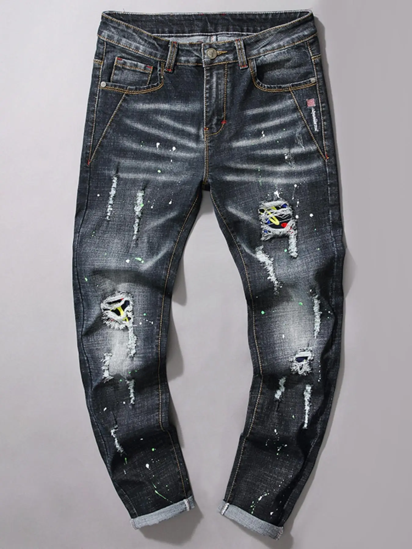 Men's Street Retro Style Spray Paint Print Distressed Ripped Slim Fit Button Fly Jeans, Hip Hop Jeans, Casual Fitted Jeans, Casual Streetwear Jeans, Casual Comfy Pocket Denim Pants for Daily Wear, Fashion Men's Bottoms for All Seasons, Graphic Pants