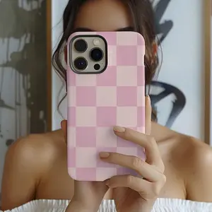 Powder Pink Checkered Phone case for MagSafe iPhone 16 Pro Max iPhone 15 iPhone 14 Checkerboard pattern iPhone Cases, 2025 Simple Phone Case
