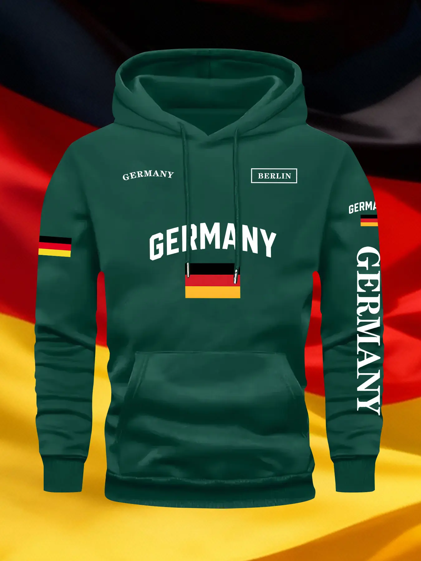 Men's Fall Winter Trendy Berlin Print Hoodie, Casual Fitted Pullover, Drawstring Pocket Design, Geometric Pattern, Loose Fit