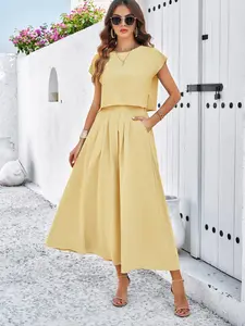 Two-piece Set Women's Basic Plain Split Hem Batwing Sleeve Crop Blouse & Plicated Pocket A Line Skirt, Casual Fashion Cozy Two Piece Outfits for Daily Outdoor Wear, Ladies Summer Clothes Womenswear Minimalist