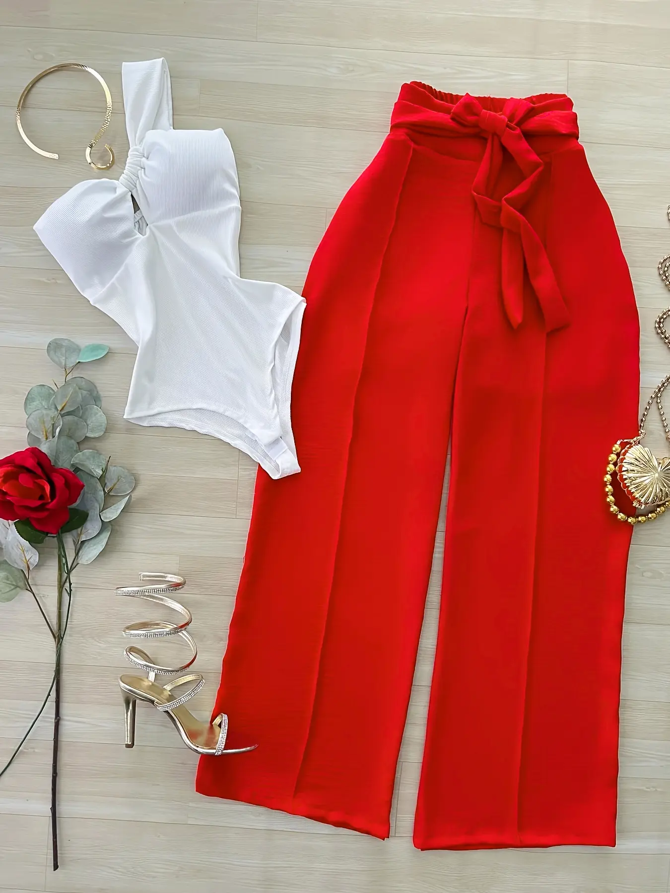 Elegant Feminine Jumpsuit + Flowy Wide Leg Pants Top Set, Sexy Vacation, Perfect for Summer, Stylish and Comfortable