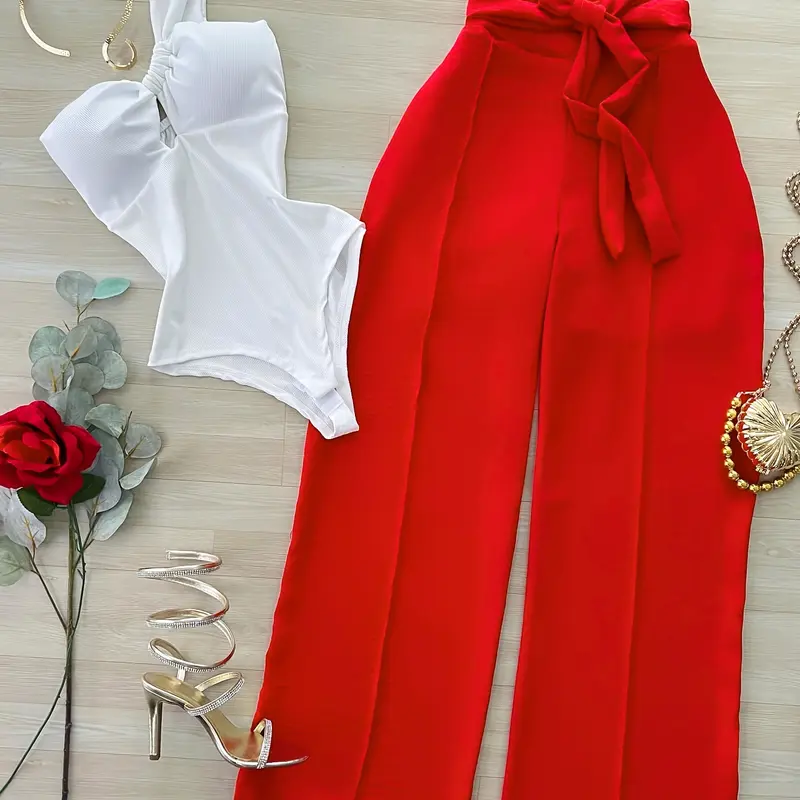 Elegant Feminine Fitted Jumpsuit + Flowy Wide Leg Pants Top Set, Outfit, Sexy Vacation, Perfect for Summer, Stylish and Comfortable