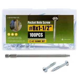 Pocket Hole Screws - 1-1/2 Inch, 100 count Interior Screws #8 x 1-1/2", "Coarse Thread, Square Drive, Washer , Zinc Plated, 150MM Drive Bit Included