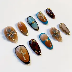 Flower Press On Nails 3D Gold Chrome Nails Star Brown Nails Tortoise Shell Nails Blue Nails