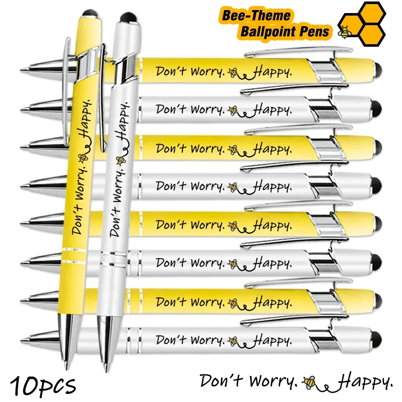 10 Pcs Bee Theme Ballpoint Pens Inspirational Quotes Don't Worry Happiness Like Bees Smooth Writing Metal Structure Medium Tip Retractable Ideal for School Office Gifts for Men Women Colleagues Ballpoint Pen Set