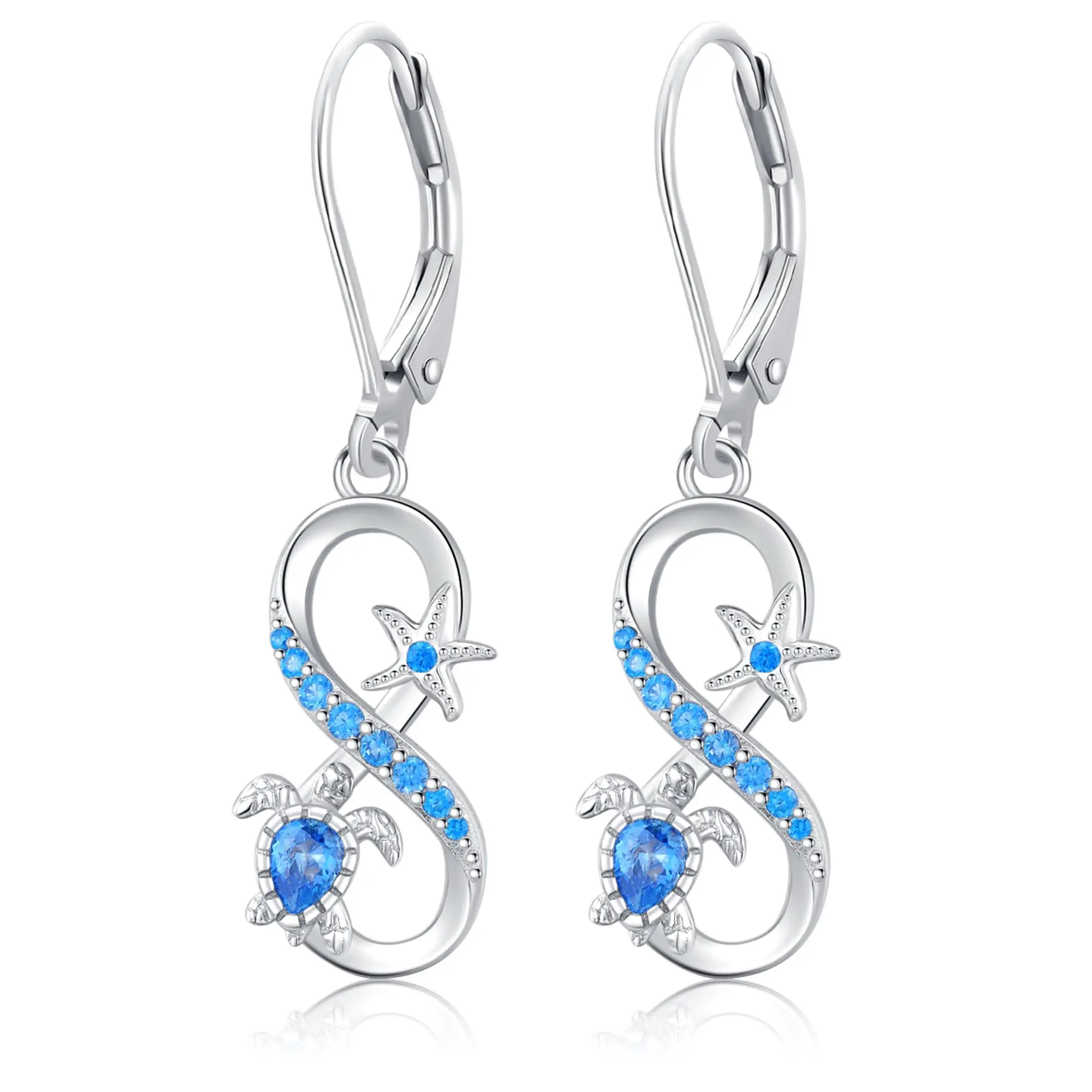 DRINSPER Turtle Leverback Dangle Earrings for Women, 925 Sterling Silver with Blue Zirconia, High Quality Nickel Free Non Tarnish Jewelry, Earrings Jewelry, High Quality Earrings