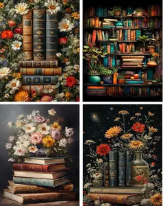 4 Pack Book Flower Stamped Cross Stitch Kits for Adults - Embroidery Kits for Beginners Adults,11 CT Patterns Dimensions Counted Cross Stitch Kits for Arts Craft Kits12x16 inch