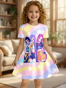 Macaron Rainbow Striped Girls' Graphic Print Dress, Daisy Idol Trio Print, Casual Knee Length, Short Sleeve, Asymmetrical Design, H Type Silhouette