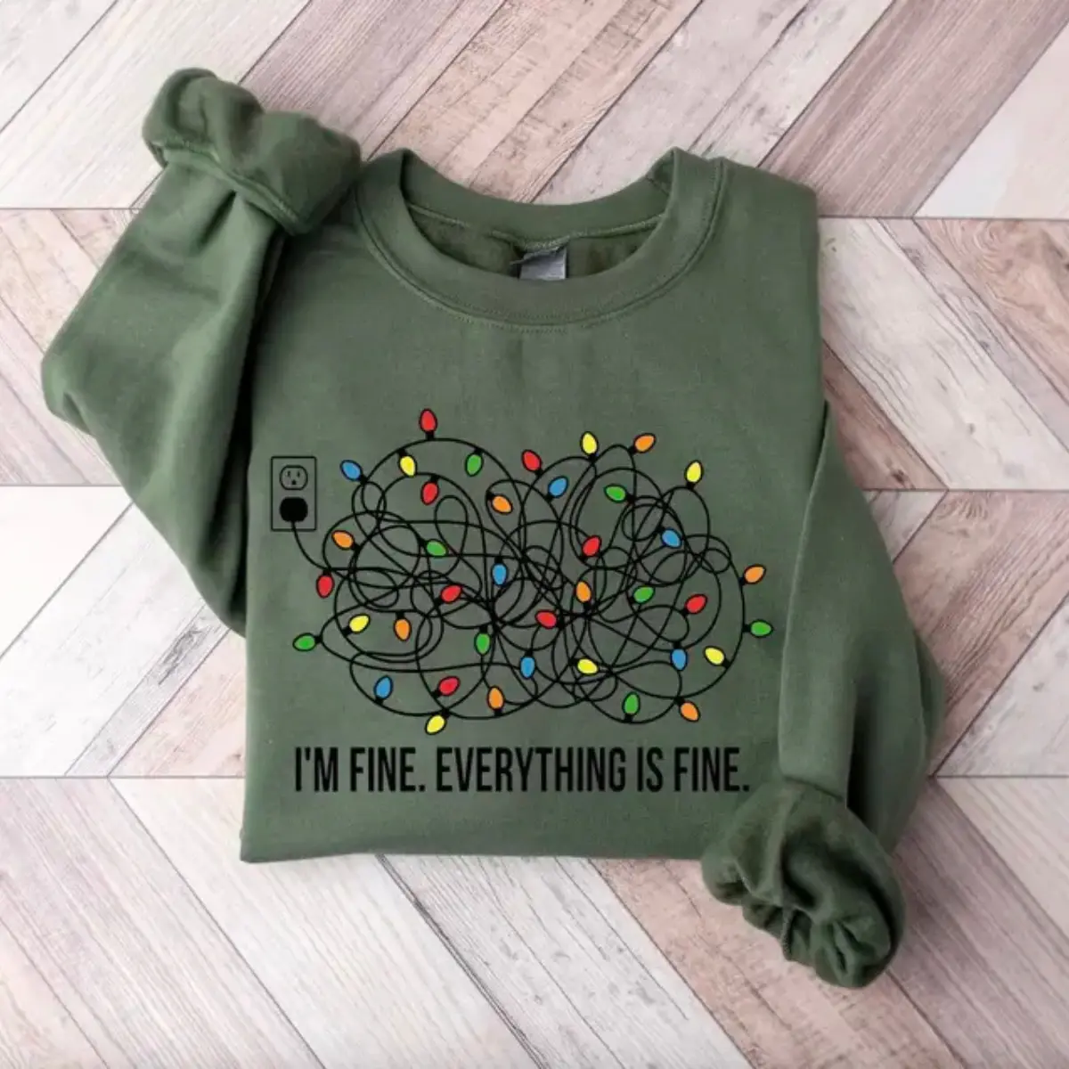I'm Fine Everything Is Fine Sweatshirt- Funny Tangled Christmas Lights Graphic Crewneck Long Sleeve Pullover, Holiday Cotton Blend Sweatshirt for Women Womenswear Tops
