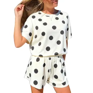 Znacicc Women’s Black Polka Dot Print Short Sleeve Tee & Shorts Set – Loose Fit, Elastic Waist with Drawstring, Versatile for Loungewear, Gym-to-Street & Daily Wear