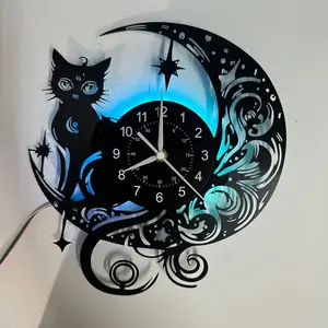 Colorful Retro Vinyl Record Wall Clock, Cat Moon Design, LED Seven Colors, Silent, Vintage Magic Decor, Ideal Birthday Gift, Decorative Clock, Led Wall Clocks