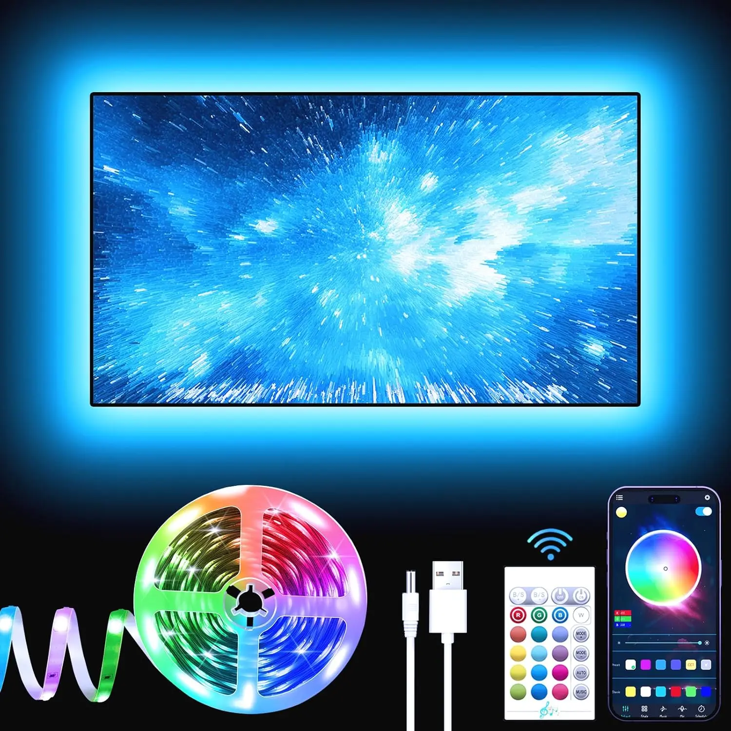 [New Deal] LED Strip Lights for 40-65 Inch TVs, 13.1Ft Bluetooth Smart Dimmable LED Backlights with RGB Light Effect, Multi Mode, Clips Fixed for Home Theater
