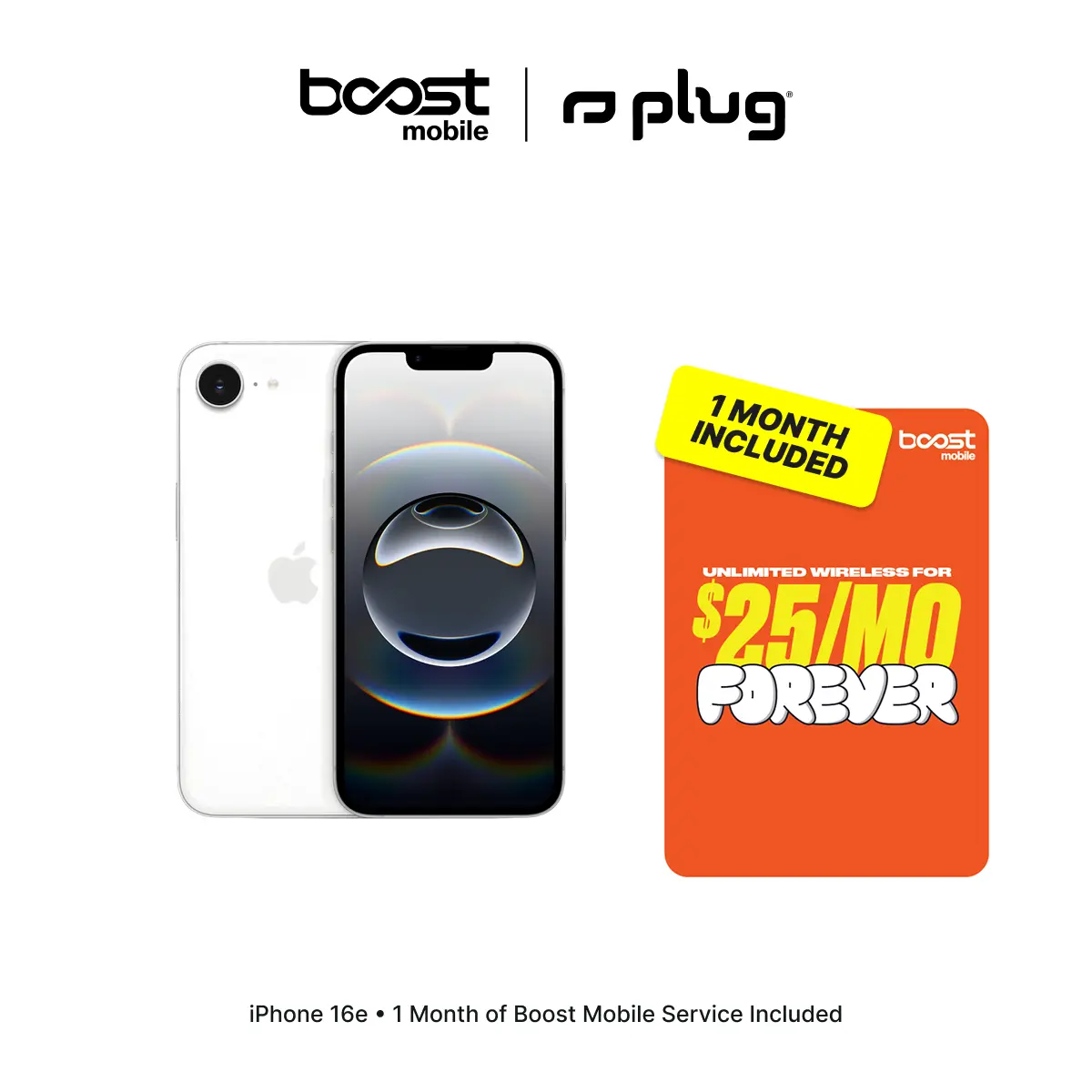 Refurbished Apple iPhone 16e (Unlocked) + 1 Month of Unlimited Boost Mobile Service Included - Good Condition with 1-Year Warranty by Plug