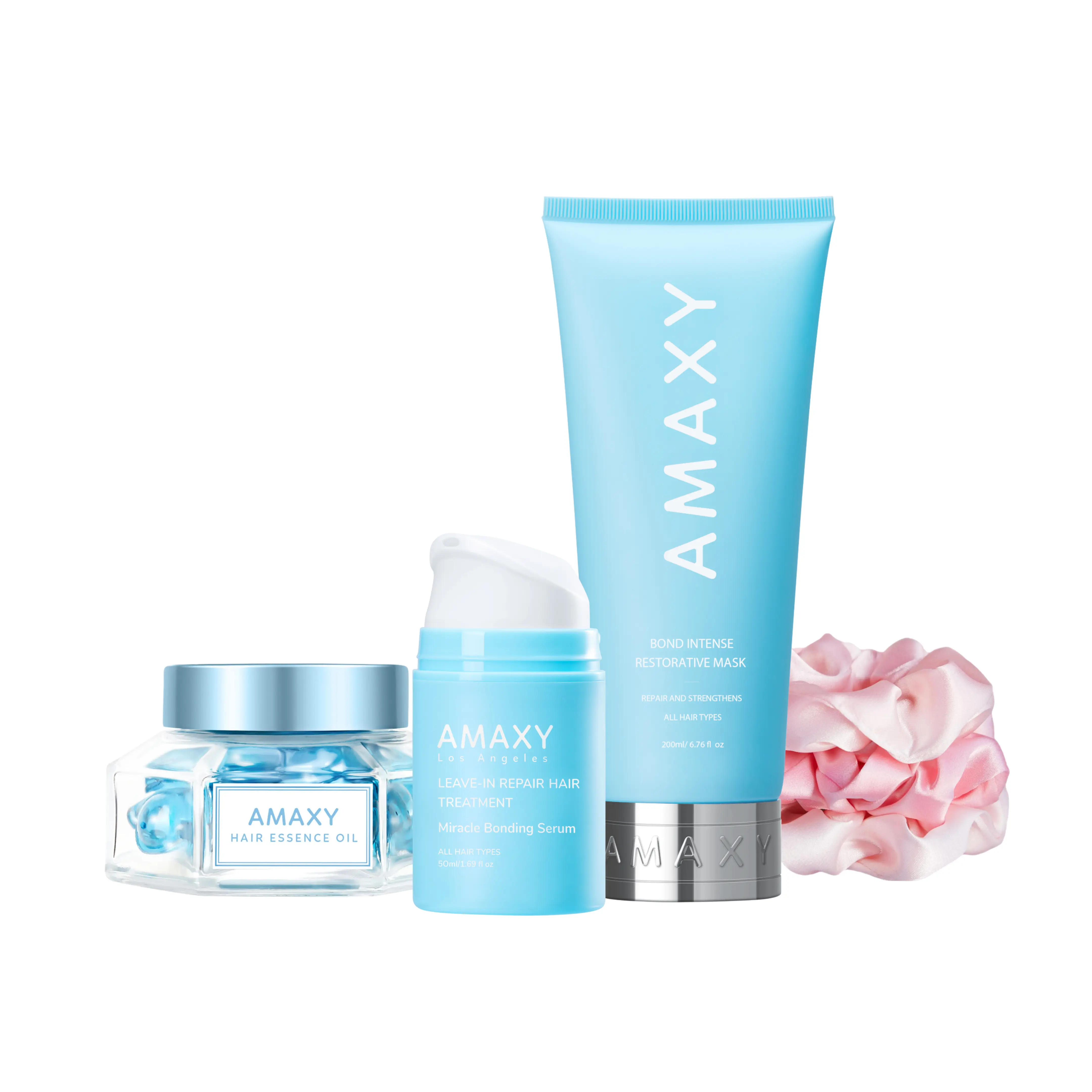 AMAXY Glow Hair Repair Trio | Miracle Bonding Serum, Bond Intense Hair Mask,Hair Care Vitamin Oil, Natural Hair Care Kit, Haircare(Plus Free Gift Satin Scrunchies)