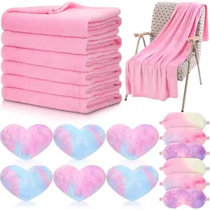 18 Pcs Kids Sleepover Party Supplies Set for Girls Fleece Soft Blankets Fluffy Heart Throw Pillow Plush Sleep Eye Mask for Spa Camping Birthday Favors (Light Pink,Rainbow Colors)