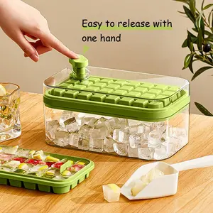 Ice Cube Tray with Lid and Bin, 1 Pack Ice Cube Trays for Freezer, 32 Pcs Ice Cube Mold, Press Button Easy Release Ice Tray, Small Ice Cubes Maker for Drinks(Green)