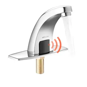 VEVOR Touchless Bathroom Sink Faucet, Automatic Motion Sensor Restroom Toilet Faucet Cold Water with Hole Cover Plate, Battery Operated for 9/16 in Pipe Commercial Lavatory, Chrome Plated Silver, G233M