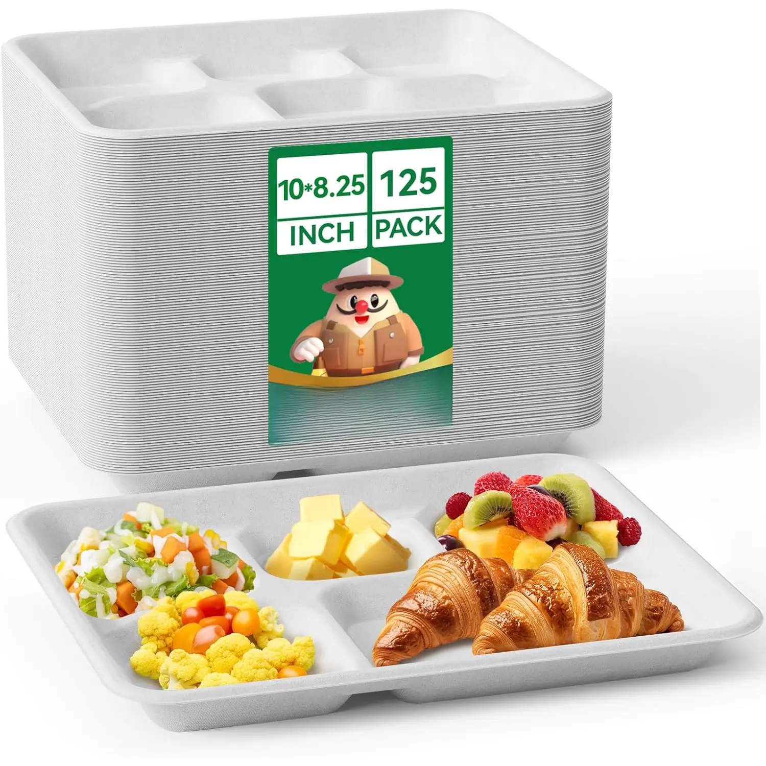 Compostable 5 Compartment Paper Plates 10 * 8 inch [125 Pack] Heavy Duty Divided Disposable White  Biodegradable Container Food Tray for Party Dinner Lunch Buffet