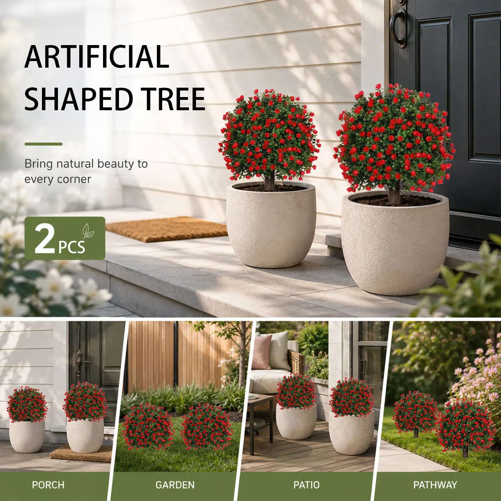 2-Pack Plastic Decorative Artificial Red Rose Round Topiary Trees with Detachable Ground Spike, UV-Wind Proof Low-Maintenance Ornaments for Pathway, Driveway, Door & Landscape Traditional Balcony Upgrades