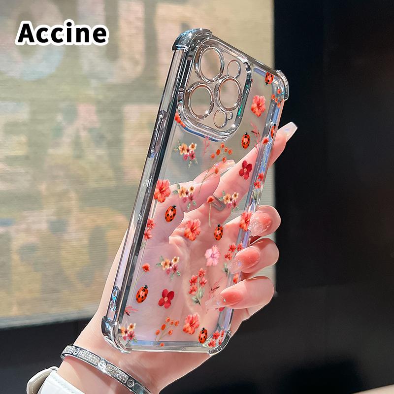 Floral Ladybug Symphony Pattern Four Corner Anti-Fall Phone Case Transparent Electroplated Protective Cover for iPhone 16 Pro Max 15 Plus 14 13 12 11 E